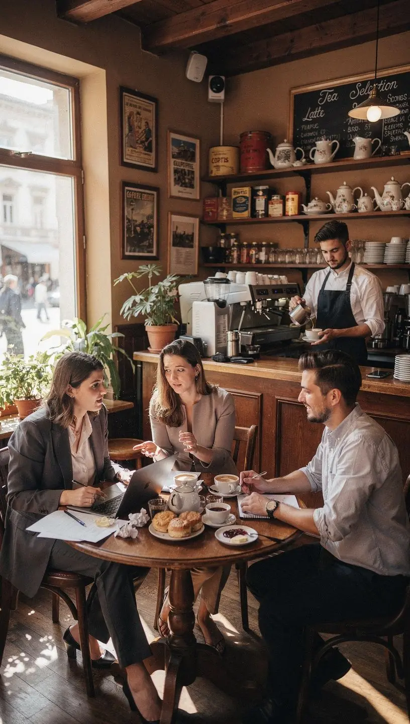 Frissítő tea elfogyasztása munka közben, miközben egy nő nyújtózkodik az irodai székében.