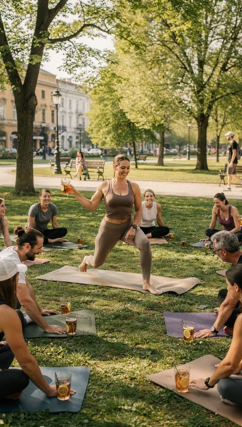 Aktív életmódot folytató férfi teázik egy parkban, miközben könnyű nyújtó gyakorlatokat végez.