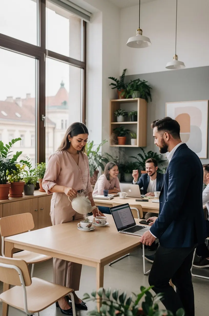 Egy csésze gyógyteával kezelt munkahelyi szünet, miközben egy személy nyújtózik és aktívan mozog a friss levegőn.